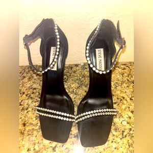 Steve Madden black suede rhinestone stiletto heels.